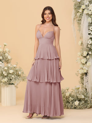 A-Line/Princess Spaghetti Straps Sleeveless Floor-Length Tiered Bridesmaid Dresses With  Pleats