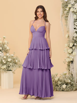 A-Line/Princess Spaghetti Straps Sleeveless Floor-Length Tiered Bridesmaid Dresses With  Pleats