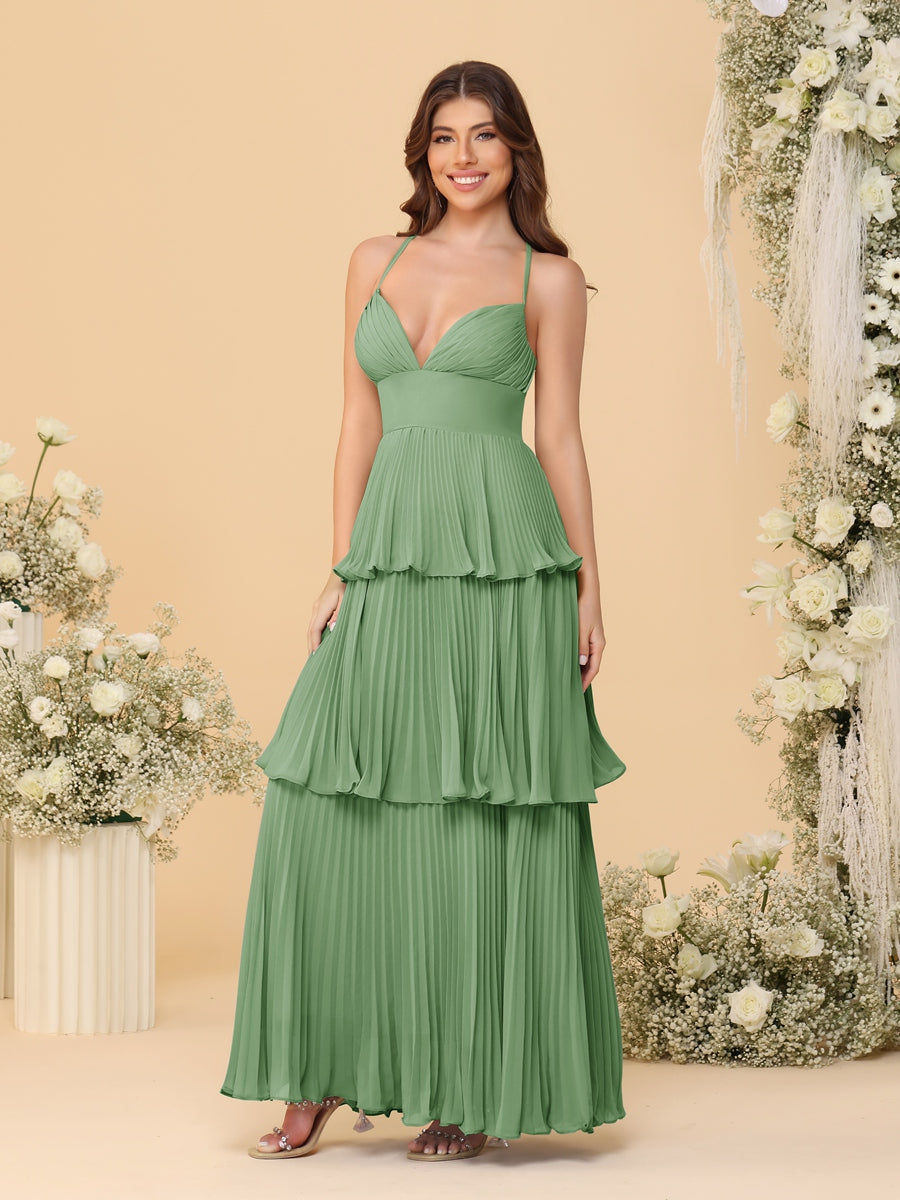 A-Line/Princess Spaghetti Straps Sleeveless Floor-Length Tiered Bridesmaid Dresses With  Pleats