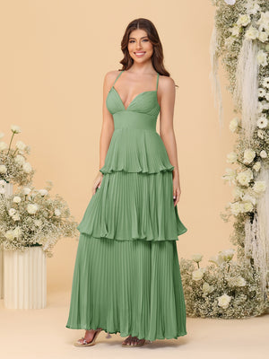 A-Line/Princess Spaghetti Straps Sleeveless Floor-Length Tiered Bridesmaid Dresses With  Pleats