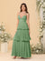 A-Line/Princess Spaghetti Straps Sleeveless Floor-Length Tiered Bridesmaid Dresses With  Pleats