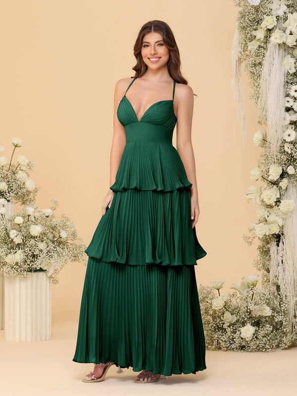 A-Line/Princess Spaghetti Straps Sleeveless Floor-Length Tiered Bridesmaid Dresses With  Pleats