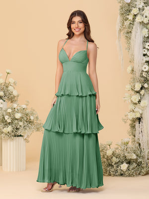 A-Line/Princess Spaghetti Straps Sleeveless Floor-Length Tiered Bridesmaid Dresses With  Pleats