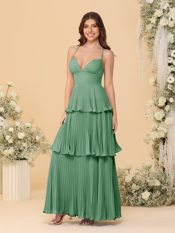 A-Line/Princess Spaghetti Straps Sleeveless Floor-Length Tiered Bridesmaid Dresses With  Pleats
