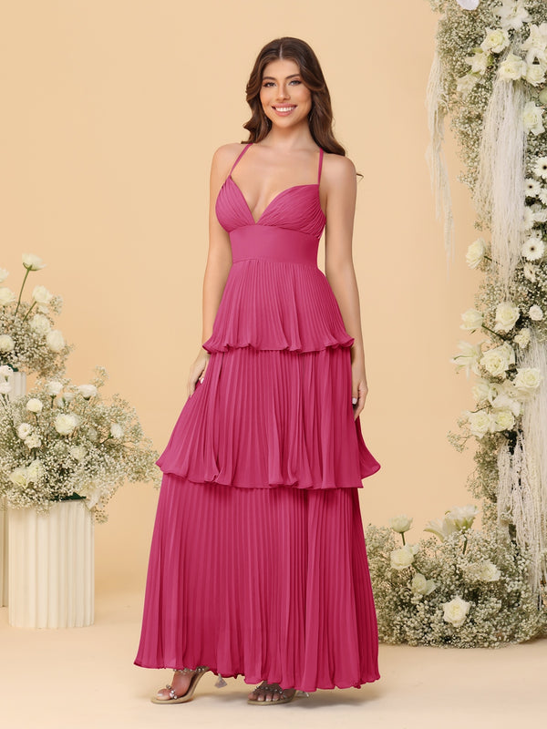 A-Line/Princess Spaghetti Straps Sleeveless Floor-Length Tiered Bridesmaid Dresses With  Pleats