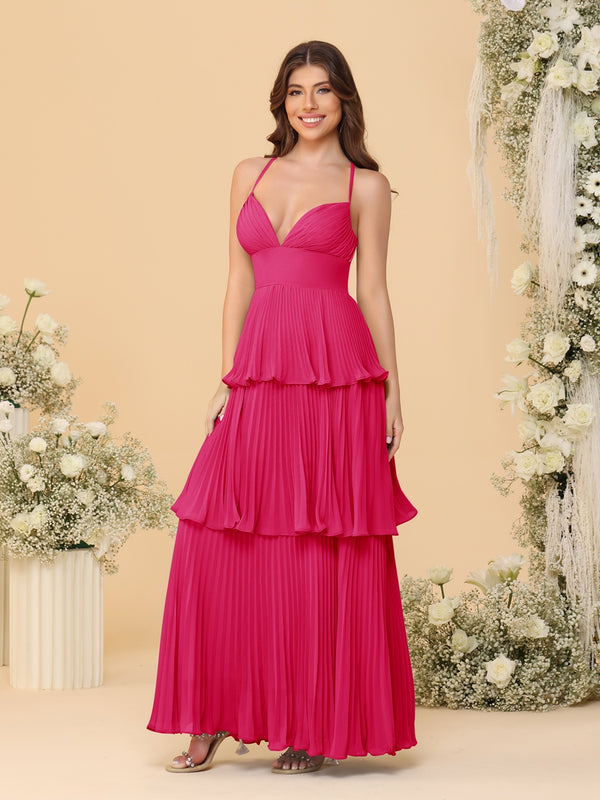 A-Line/Princess Spaghetti Straps Sleeveless Floor-Length Tiered Bridesmaid Dresses With  Pleats