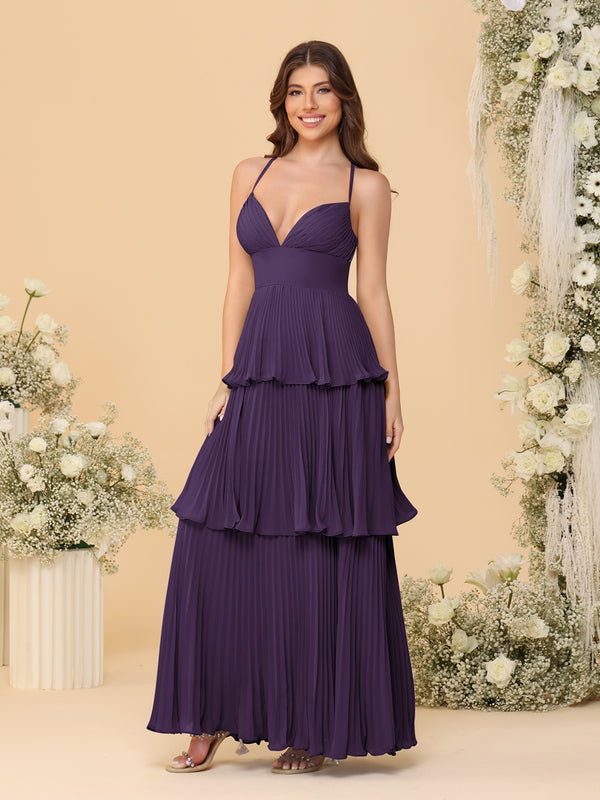 A-Line/Princess Spaghetti Straps Sleeveless Floor-Length Tiered Bridesmaid Dresses With  Pleats