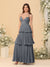 A-Line/Princess Spaghetti Straps Sleeveless Floor-Length Tiered Bridesmaid Dresses With  Pleats