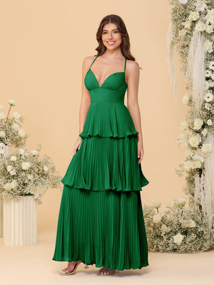 A-Line/Princess Spaghetti Straps Sleeveless Floor-Length Tiered Bridesmaid Dresses With  Pleats