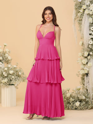 A-Line/Princess Spaghetti Straps Sleeveless Floor-Length Tiered Bridesmaid Dresses With  Pleats