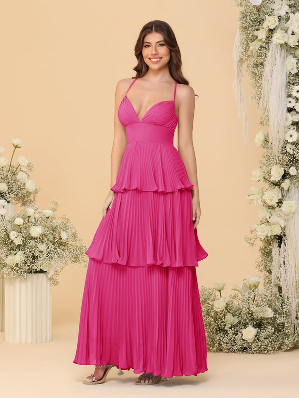 A-Line/Princess Spaghetti Straps Sleeveless Floor-Length Tiered Bridesmaid Dresses With  Pleats