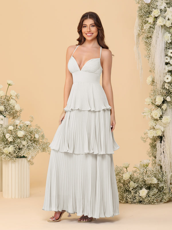 A-Line/Princess Spaghetti Straps Sleeveless Floor-Length Tiered Bridesmaid Dresses With  Pleats