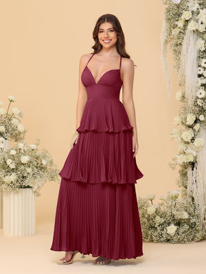 A-Line/Princess Spaghetti Straps Sleeveless Floor-Length Tiered Bridesmaid Dresses With  Pleats