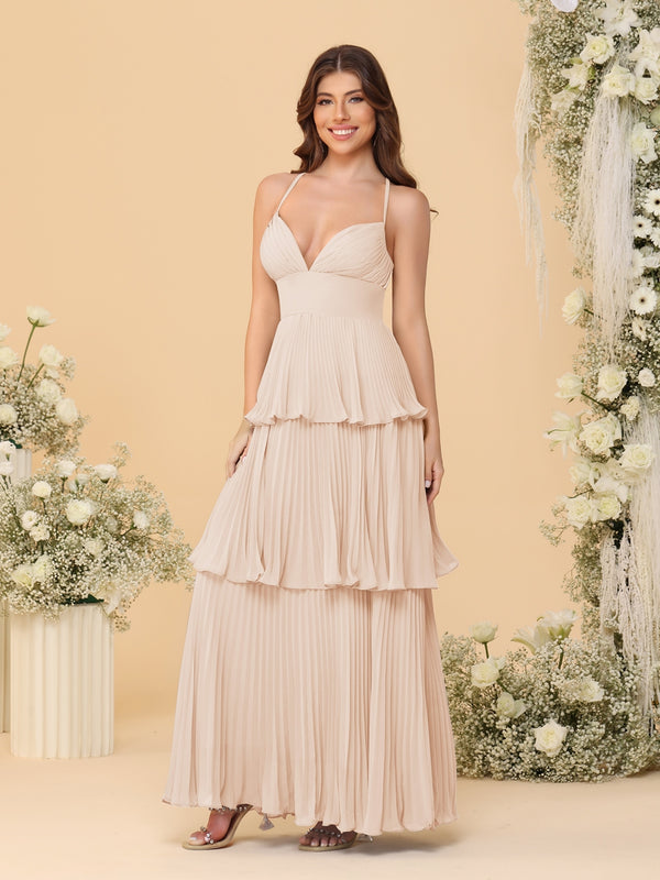 A-Line/Princess Spaghetti Straps Sleeveless Floor-Length Tiered Bridesmaid Dresses With  Pleats