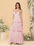 A-Line/Princess Spaghetti Straps Sleeveless Floor-Length Tiered Bridesmaid Dresses With  Pleats