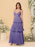 A-Line/Princess Spaghetti Straps Sleeveless Floor-Length Tiered Bridesmaid Dresses With  Pleats