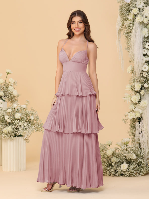 A-Line/Princess Spaghetti Straps Sleeveless Floor-Length Tiered Bridesmaid Dresses With  Pleats