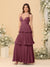 A-Line/Princess Spaghetti Straps Sleeveless Floor-Length Tiered Bridesmaid Dresses With  Pleats
