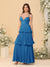 A-Line/Princess Spaghetti Straps Sleeveless Floor-Length Tiered Bridesmaid Dresses With  Pleats