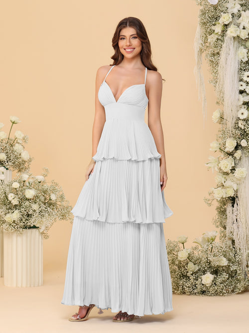 A-Line/Princess Spaghetti Straps Sleeveless Floor-Length Tiered Bridesmaid Dresses With  Pleats