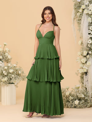 A-Line/Princess Spaghetti Straps Sleeveless Floor-Length Tiered Bridesmaid Dresses With  Pleats