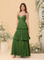 A-Line/Princess Spaghetti Straps Sleeveless Floor-Length Tiered Bridesmaid Dresses With  Pleats