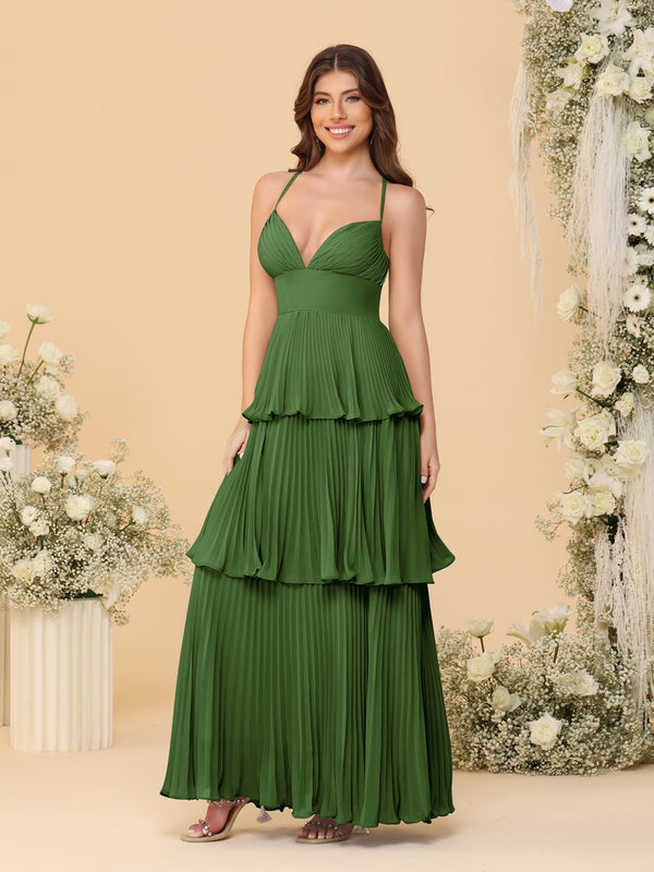 A-Line/Princess Spaghetti Straps Sleeveless Floor-Length Tiered Bridesmaid Dresses With  Pleats