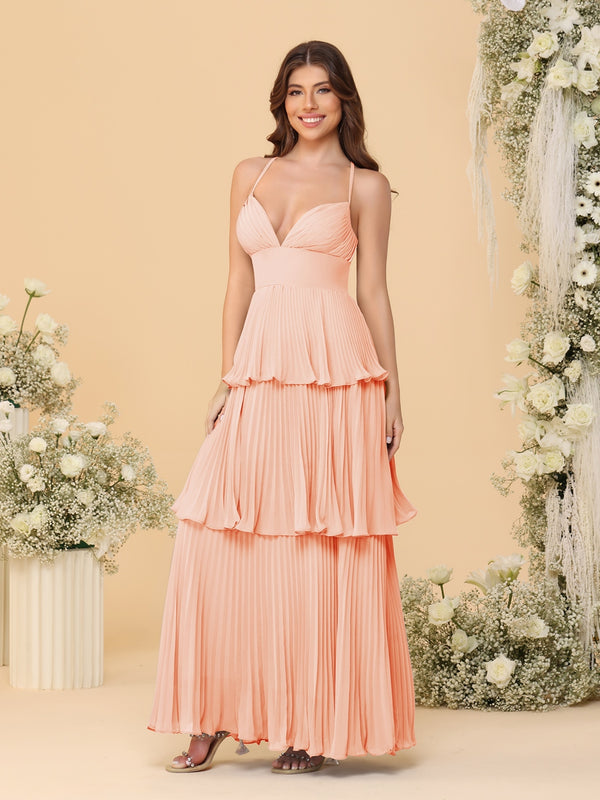 A-Line/Princess Spaghetti Straps Sleeveless Floor-Length Tiered Bridesmaid Dresses With  Pleats