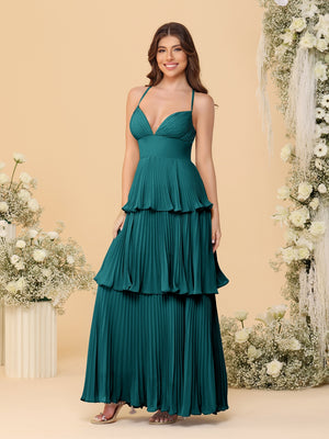 A-Line/Princess Spaghetti Straps Sleeveless Floor-Length Tiered Bridesmaid Dresses With  Pleats