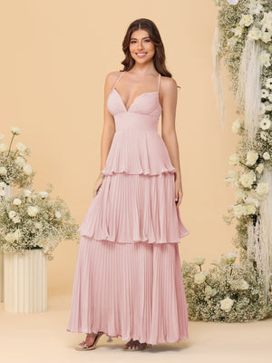 A-Line/Princess Spaghetti Straps Sleeveless Floor-Length Tiered Bridesmaid Dresses With  Pleats