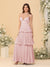A-Line/Princess Spaghetti Straps Sleeveless Floor-Length Tiered Bridesmaid Dresses With  Pleats