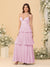 A-Line/Princess Spaghetti Straps Sleeveless Floor-Length Tiered Bridesmaid Dresses With  Pleats