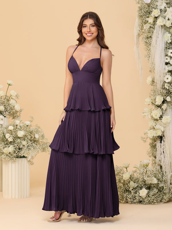 A-Line/Princess Spaghetti Straps Sleeveless Floor-Length Tiered Bridesmaid Dresses With  Pleats