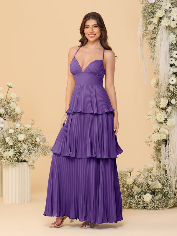 A-Line/Princess Spaghetti Straps Sleeveless Floor-Length Tiered Bridesmaid Dresses With  Pleats