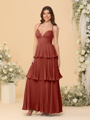 A-Line/Princess Spaghetti Straps Sleeveless Floor-Length Tiered Bridesmaid Dresses With  Pleats