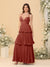 A-Line/Princess Spaghetti Straps Sleeveless Floor-Length Tiered Bridesmaid Dresses With  Pleats