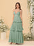 A-Line/Princess Spaghetti Straps Sleeveless Floor-Length Tiered Bridesmaid Dresses With  Pleats