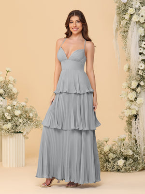A-Line/Princess Spaghetti Straps Sleeveless Floor-Length Tiered Bridesmaid Dresses With  Pleats