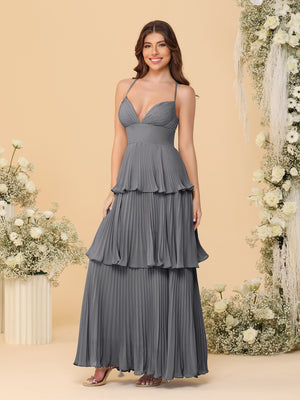 A-Line/Princess Spaghetti Straps Sleeveless Floor-Length Tiered Bridesmaid Dresses With  Pleats