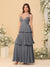 A-Line/Princess Spaghetti Straps Sleeveless Floor-Length Tiered Bridesmaid Dresses With  Pleats