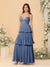 A-Line/Princess Spaghetti Straps Sleeveless Floor-Length Tiered Bridesmaid Dresses With  Pleats