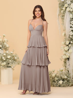 A-Line/Princess Spaghetti Straps Sleeveless Floor-Length Tiered Bridesmaid Dresses With  Pleats