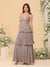 A-Line/Princess Spaghetti Straps Sleeveless Floor-Length Tiered Bridesmaid Dresses With  Pleats