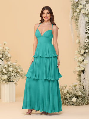 A-Line/Princess Spaghetti Straps Sleeveless Floor-Length Tiered Bridesmaid Dresses With  Pleats