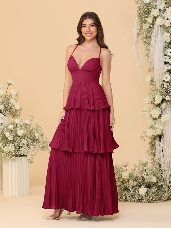 A-Line/Princess Spaghetti Straps Sleeveless Floor-Length Tiered Bridesmaid Dresses With  Pleats