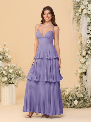 A-Line/Princess Spaghetti Straps Sleeveless Floor-Length Tiered Bridesmaid Dresses With  Pleats