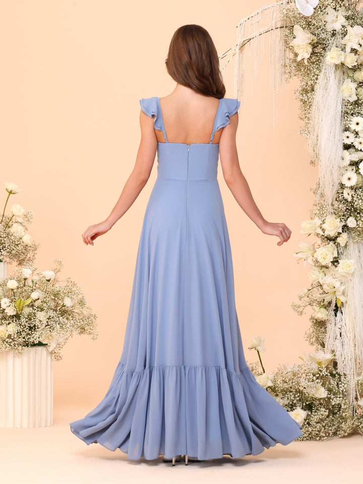 A-Line/Princess Square Neck Sleeveless Floor-Length Bridesmaid Dresses With Side Slit &amp; Ruffles