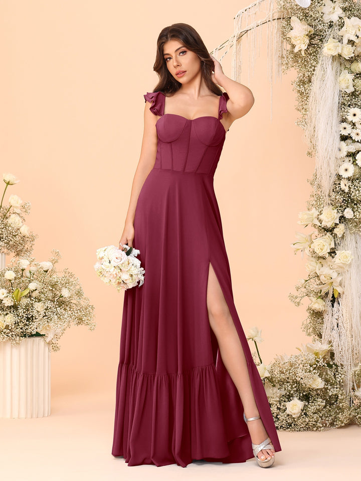 A-Line/Princess Square Neck Sleeveless Floor-Length Bridesmaid Dresses With Side Slit &amp; Ruffles