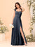 A-Line/Princess Square Neck Sleeveless Floor-Length Bridesmaid Dresses With Side Slit & Ruffles