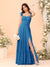 A-Line/Princess Square Neck Sleeveless Floor-Length Bridesmaid Dresses With Side Slit & Ruffles